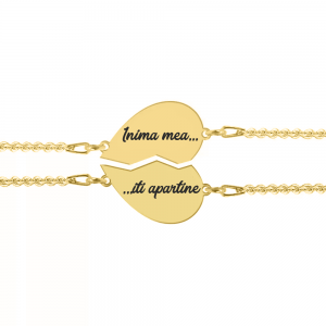 Set bratari argint cuplu inimioare 16 mm (2 bucati incluse) - personalizate cu text - placate cu aur galben de 24 karate